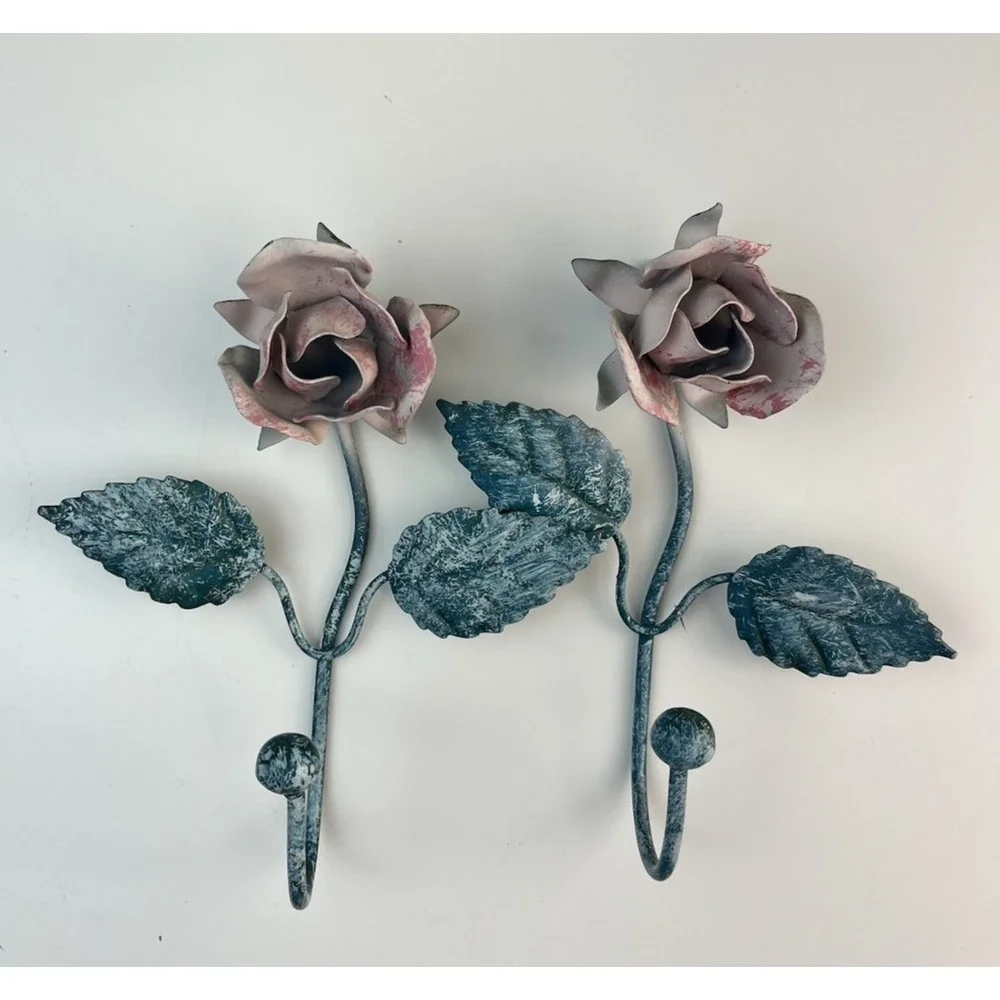 Vintage Italian Tole Rose Pink Wall Hook SET OF 2 Metal Shabby Chic Cottagecore